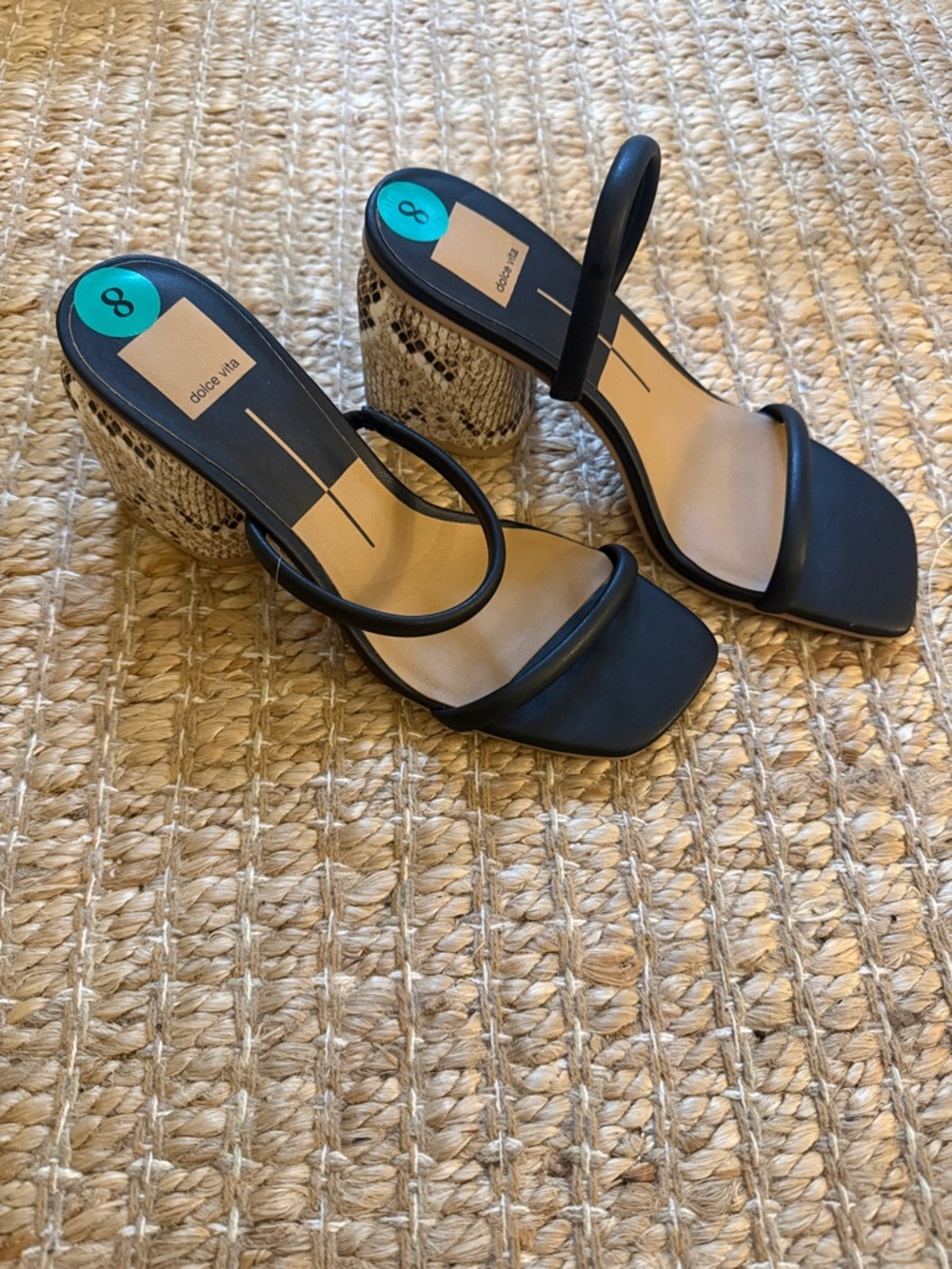 Dolce Vita 8 Black Strappy Sandals with Snakeskin Block Heel